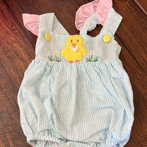 Cactus Blue and White Striped Overalls with Yellow Chick